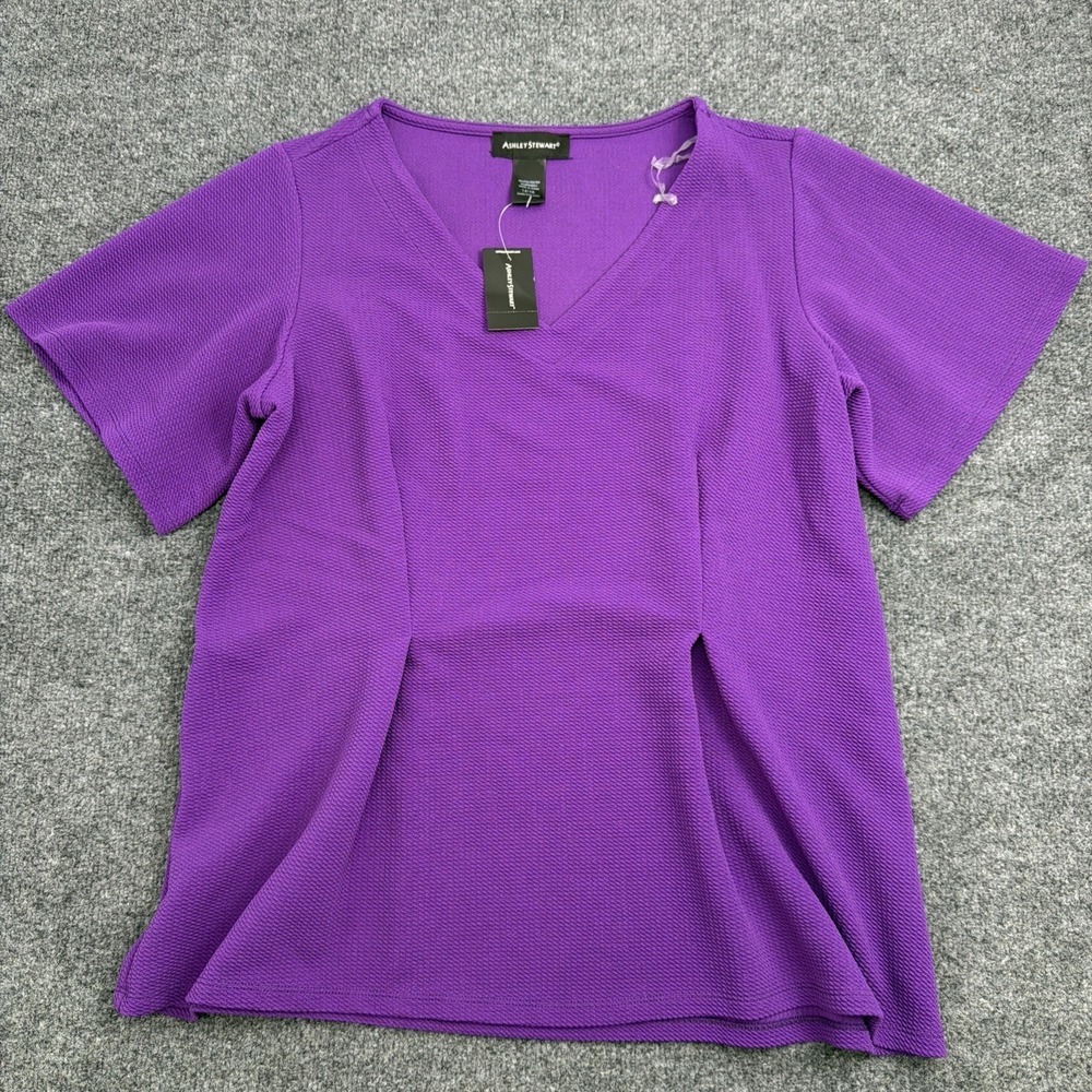 Ashley Stewart 14/16 Purple Textured Knit V-Neck Short Sleeve Peplum Blouse Top